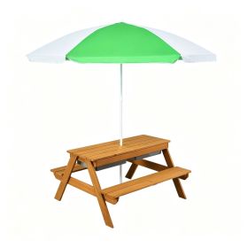 3-in-1 Kids Picnic Table with Adjustable Umbrella, Fir Wood Outdoor Activity Table Set with Detachable Storage Boxes