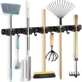 Wall Mounted Broom Mop Holder Organizer Rack 5 Slots 4 Hooks Garage Storage