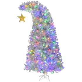6 FT Bent Top Pre-lit Christmas Tree with Golden Star, Hinged Artificial Xmas Tree with 300 Lights