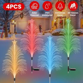 4Pack 7 Color Changing Solar Christmas Tree Lights Outdoor Optical Fiber Stake Lights Cedar Tree Lights with Topper Star IP44 Waterproof for Gard
