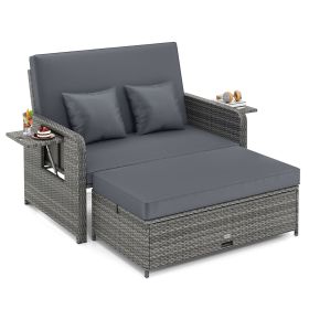 Patio Wicker Loveseat Sofa with Multipurpose Ottoman and Retractable Side Tray (Color: Gray)